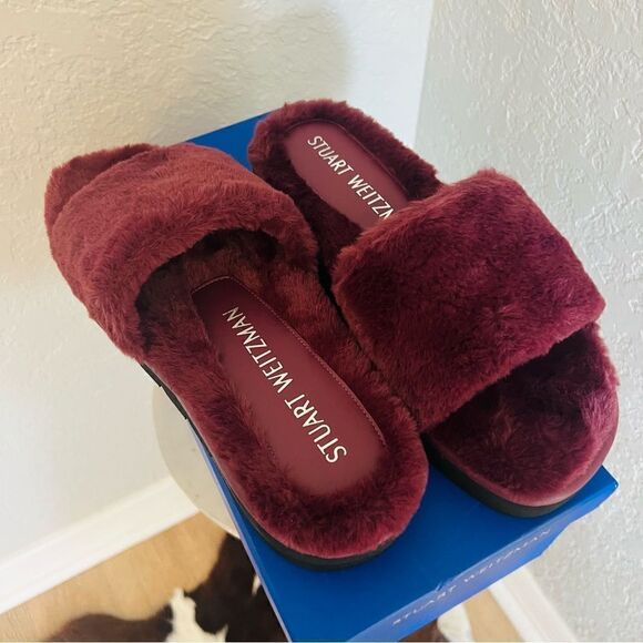 STUART WEITZMAN‎ Elodie Chill Faux Fur Slide Slipper Sandal Size 9 Cranberry NWT - Picture 7 of 17